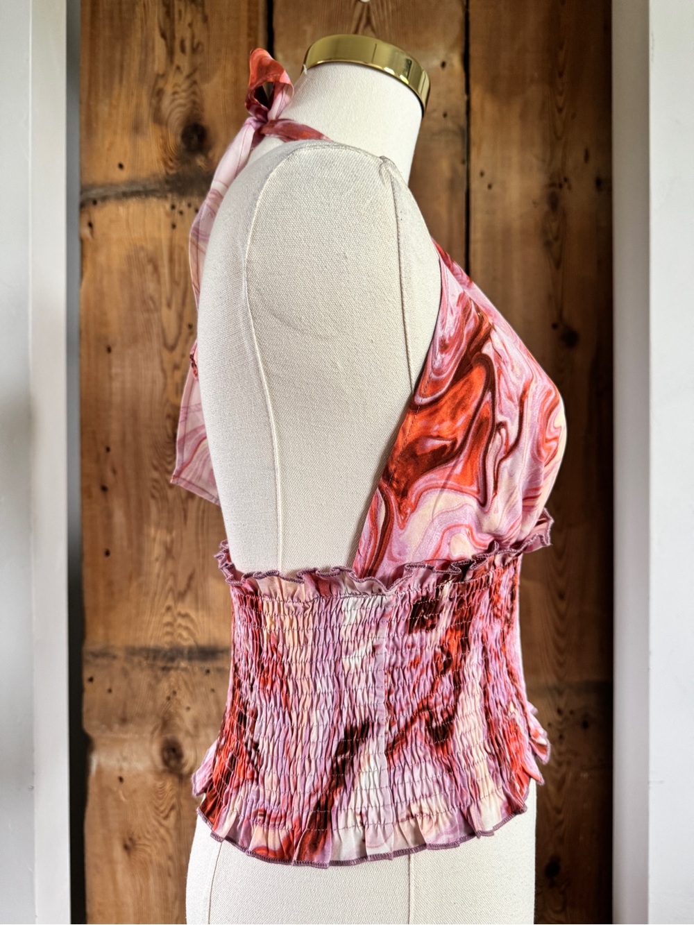 Sz S Sweet Rain Pink & Red Smocked Marbled Cropped Halter Neck Top EUC - Picture 2 of 4